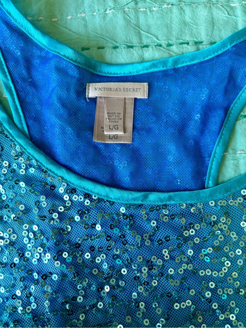 Victoria's Secret Y2K Aqua Blue Sequin Racerback Tunic Tank/Mini Dress Size L - Picture 2 of 4
